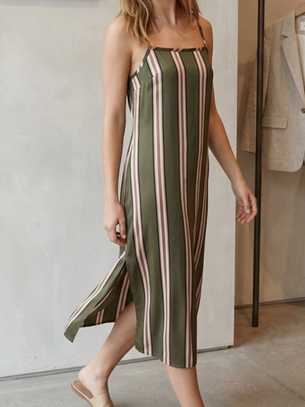 Wilfred Le Fou Striped Slip Midi Olive Satin Sleeveless Dress Sz 4